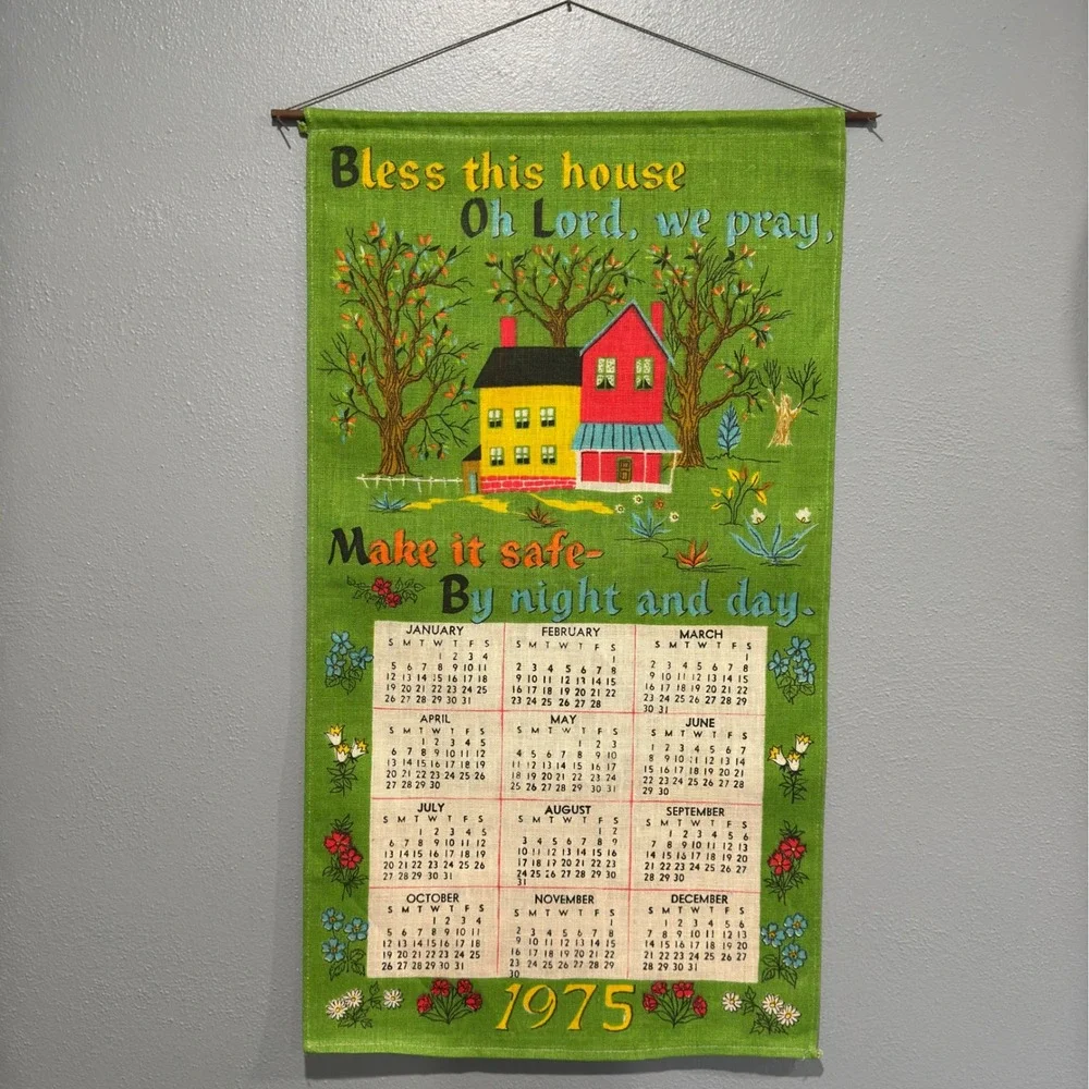 Vtg 1975 Linen Calendar Tea Towel Wall Hanging Green Folk Art Bless This House